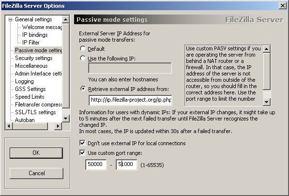 Скриншот диалога настроек FileZilla Server, показывающий вкладку настройки пассивного режима